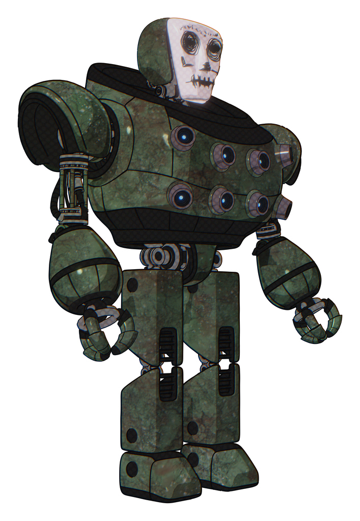 Bot containing humanoid face mask and skeleton war paint and heavy upper chest and chest energy sockets and prototype exoplate legs. Old corroded copper. Facing left view.