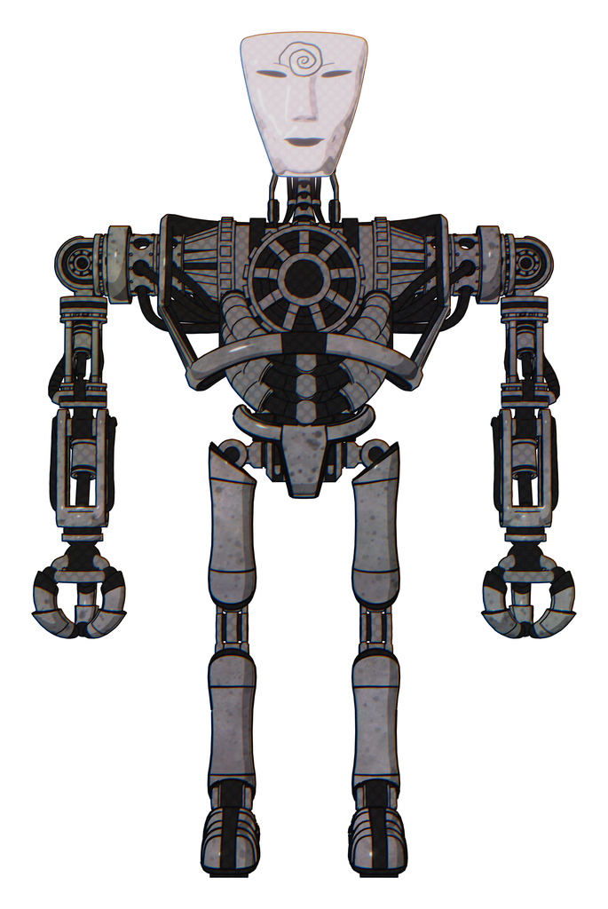 Mech containing humanoid face mask and spiral design and heavy upper chest and no chest plating and ultralight foot exosuit. Unpainted metal. Front view.