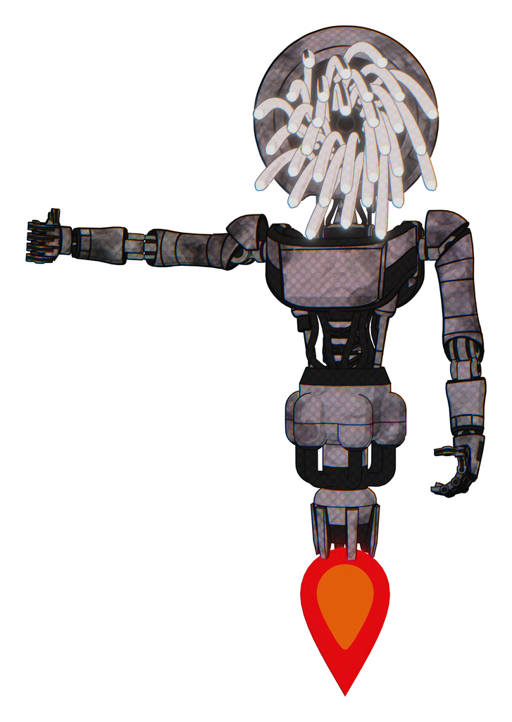 Mech containing round fiber optic connectors head and light chest exoshielding and ultralight chest exosuit and jet propulsion. Sketch pad cloudy smudges. Arm out holding invisible object..