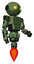 Bot containing oval wide head and yellow eyes and light chest exoshielding and prototype exoplate chest and jet propulsion. Grass green. Facing left view.