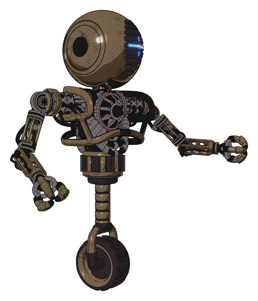 Robot containing round head and vertical cyclops visor and heavy upper chest and no chest plating and unicycle wheel. Desert tan painted. Interacting.