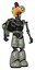 Droid containing bird skull head and green eyes and chicken design and light chest exoshielding and rocket pack and no chest plating and light leg exoshielding. Green metal. Hero pose.
