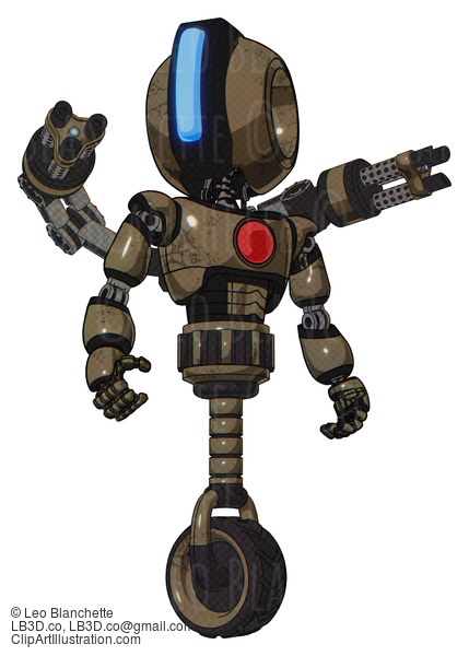 Android Containing Round Head And Large Vertical Visor And Light Chest Exoshielding And Red Chest Button And Minigun Back Assembly And Unicycle Wheel. Desert Tan Painted. Hero Pose. #18978