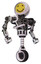 Cyborg containing round head yellow happy face and heavy upper chest and no chest plating and unicycle wheel. White halftone toon. Hero pose.