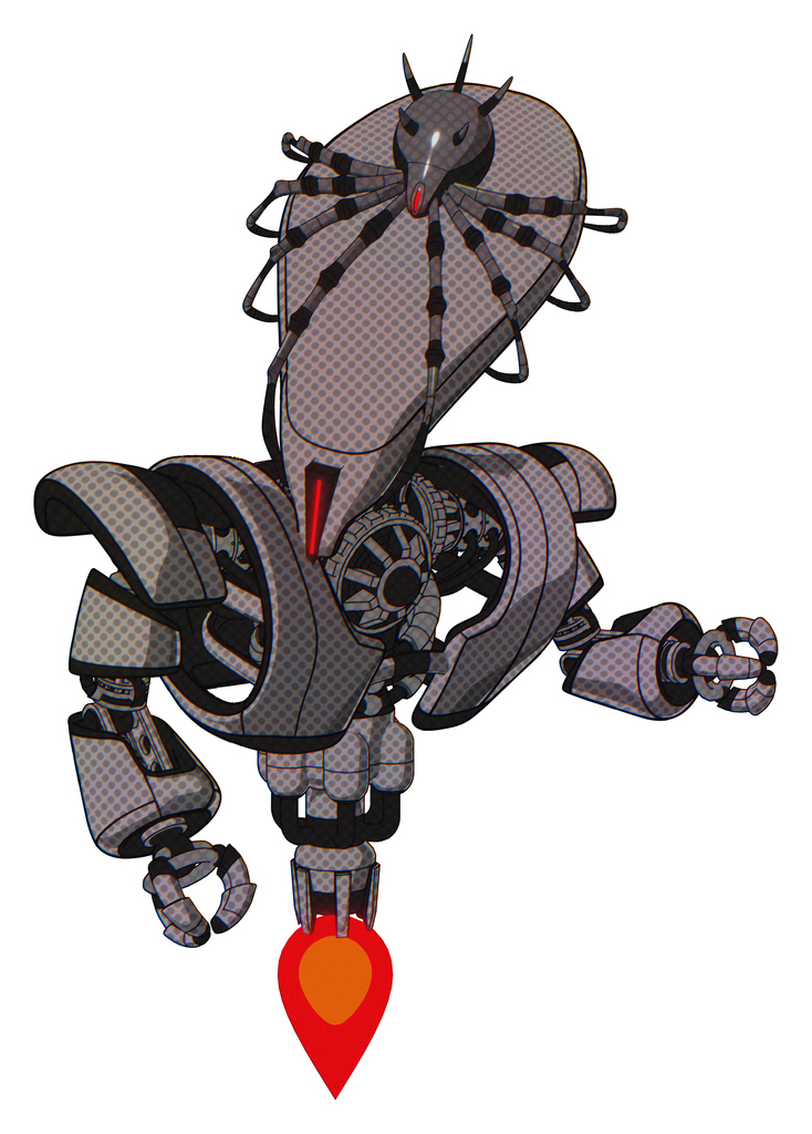 Cyborg containing flat elongated skull head and spider crown and heavy upper chest and heavy mech chest and jet propulsion. Halftone gray. Fight or defense pose..