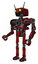 Robot containing dual retro camera head and cyborg antenna head and heavy upper chest and no chest plating and ultralight foot exosuit. Red blood grunge material. Facing right view.