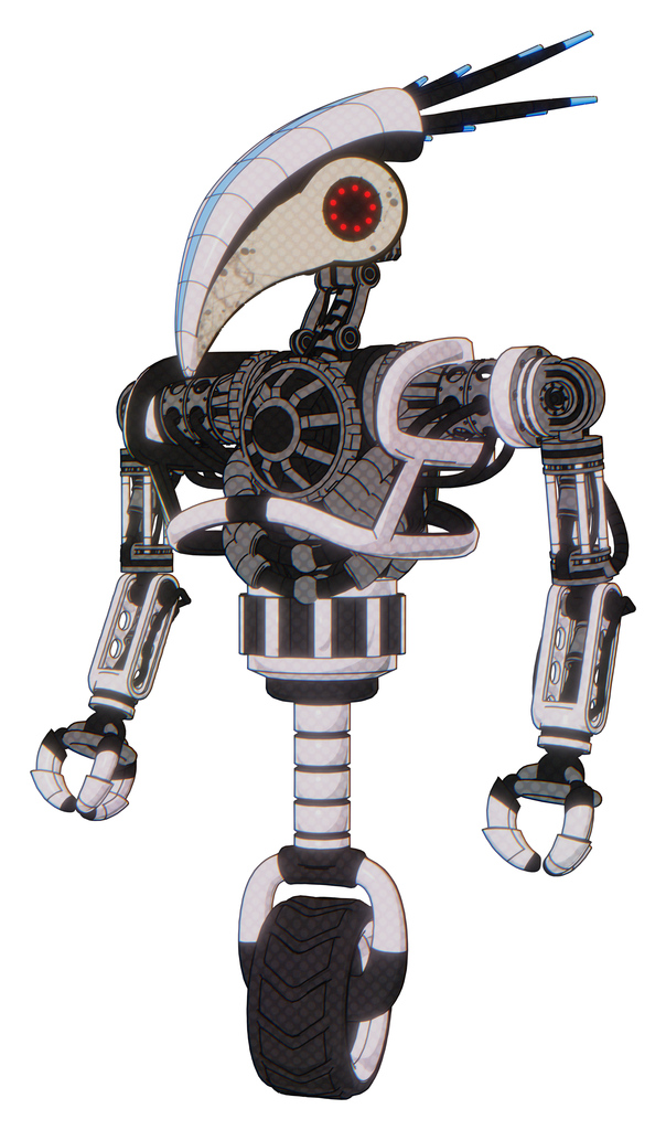 Bot containing bird skull head and red led circle eyes and head shield design and heavy upper chest and no chest plating and unicycle wheel. White halftone toon. Standing looking right restful pose.