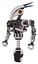 Bot containing bird skull head and red led circle eyes and head shield design and heavy upper chest and no chest plating and unicycle wheel. White halftone toon. Standing looking right restful pose.