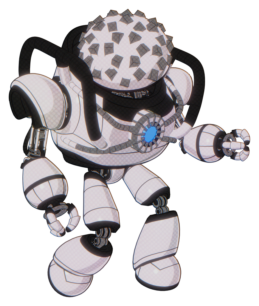 Robot containing metal cubes dome head design and heavy upper chest and chest blue energy core and light leg exoshielding. White halftone toon. Fight or defense pose..