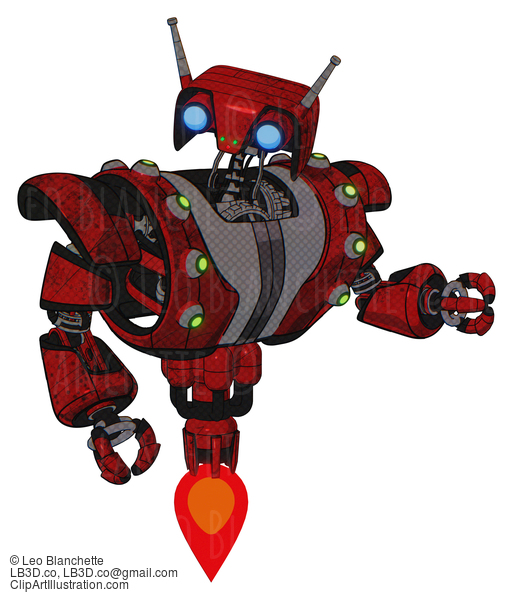 Android Containing Dual Retro Camera Head And Cyborg Antenna Head And Heavy Upper Chest And Heavy Mech Chest And Green Cable Sockets Array And Jet Propulsion. Red Blood Grunge Material. #19000