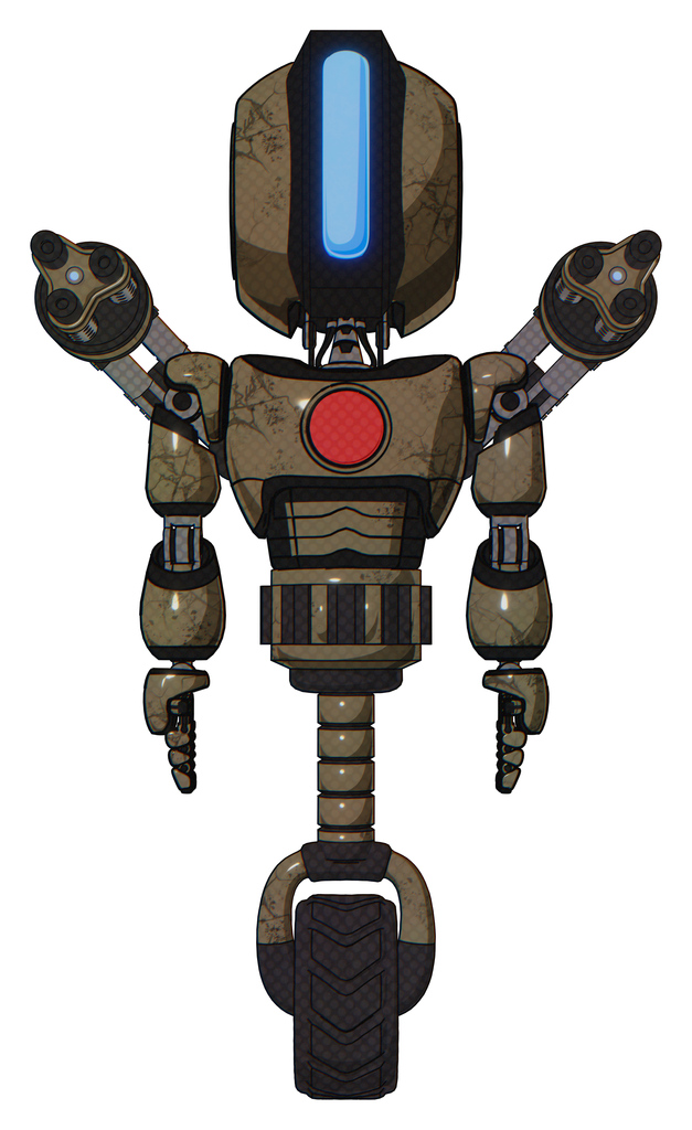Android containing round head and large vertical visor and light chest exoshielding and red chest button and minigun back assembly and unicycle wheel. Desert tan painted. Front view.
