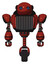 Bot containing oval wide head and blue led eyes and heavy upper chest and chest vents and unicycle wheel. Cherry tomato red. Front view.