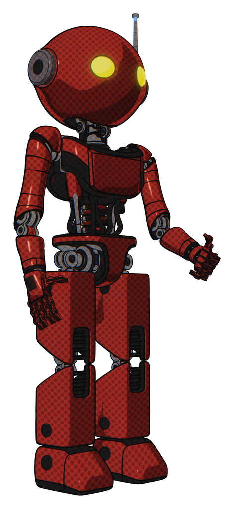 Bot containing oval wide head and yellow eyes and retro antenna with light and light chest exoshielding and ultralight chest exosuit and prototype exoplate legs. Cherry tomato red. Facing left view.