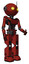 Bot containing oval wide head and yellow eyes and retro antenna with light and light chest exoshielding and ultralight chest exosuit and prototype exoplate legs. Cherry tomato red. Facing left view.