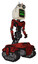 Automaton containing old computer monitor and angry pixels face and old computer magnetic tape and light chest exoshielding and ultralight chest exosuit and tank tracks. Grunge dots cherry tomato red.