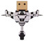Cyborg containing dual retro camera head and cardboard box head and light chest exoshielding and ultralight chest exosuit and stellar jet wing rocket pack and unicycle wheel. White halftone toon.