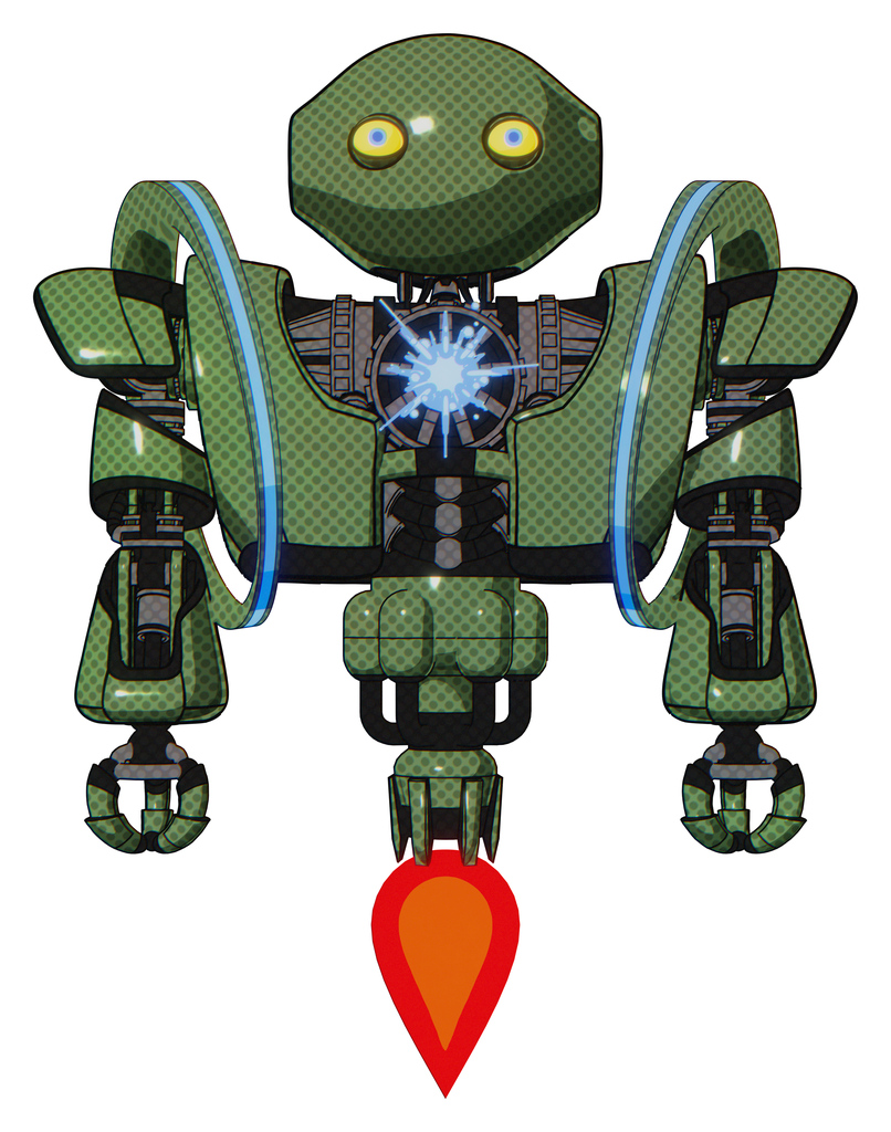 Cyborg containing oval wide head and yellow eyes and heavy upper chest and heavy mech chest and spectrum fusion core chest and jet propulsion. Grass green. Front view.