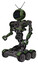 Cyborg containing digital display head and sleeping face and retro antennas and heavy upper chest and no chest plating and six-wheeler base. Grunge grass green. Facing right view.