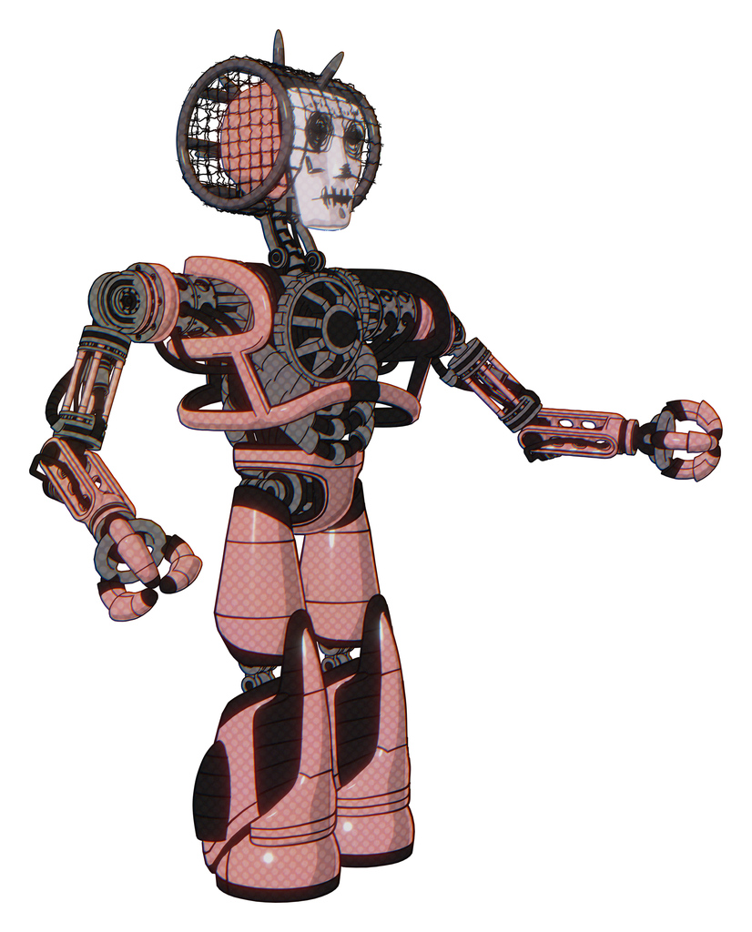 Mech containing humanoid face mask and skeleton war paint and heavy upper chest and no chest plating and light leg exoshielding and stomper foot mod. Toon pink tint. Interacting.