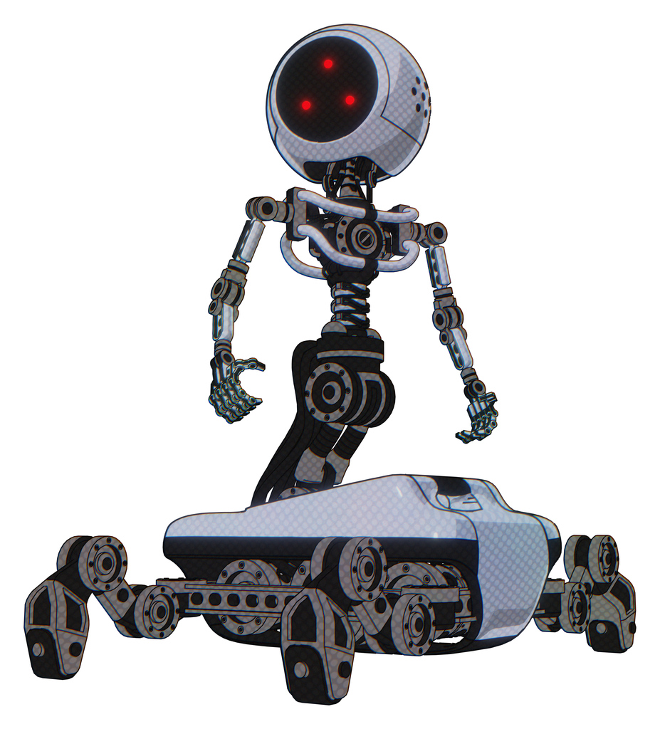 Droid containing three led eyes round head and light chest exoshielding and no chest plating and insect walker legs. Blue tint toon. Hero pose.