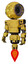 Bot containing round head and yellow eyes array and light chest exoshielding and prototype exoplate chest and jet propulsion. Construction yellow halftone. Standing looking right restful pose.