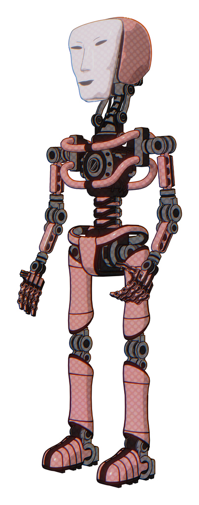 Droid containing humanoid face mask and light chest exoshielding and no chest plating and ultralight foot exosuit. Toon pink tint. Facing right view.