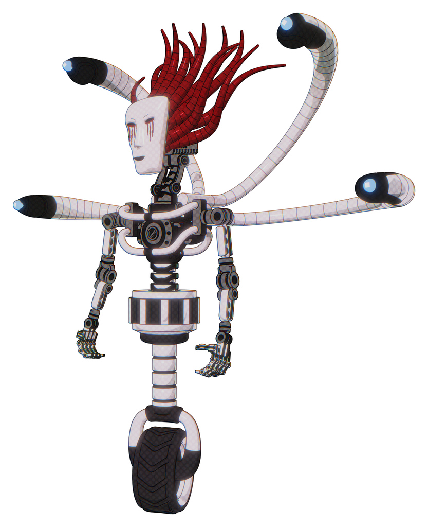 Droid containing humanoid face mask and blood tears and light chest exoshielding and blue-eye cam cable tentacles and no chest plating and unicycle wheel. White halftone toon.