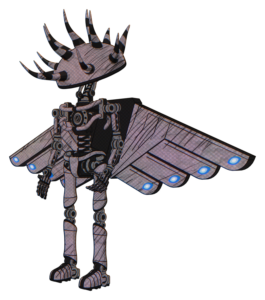 Mech containing black and white anemone dome head and light chest exoshielding and cherub wings design and no chest plating and ultralight foot exosuit. Dark sketch lines. Facing right view.