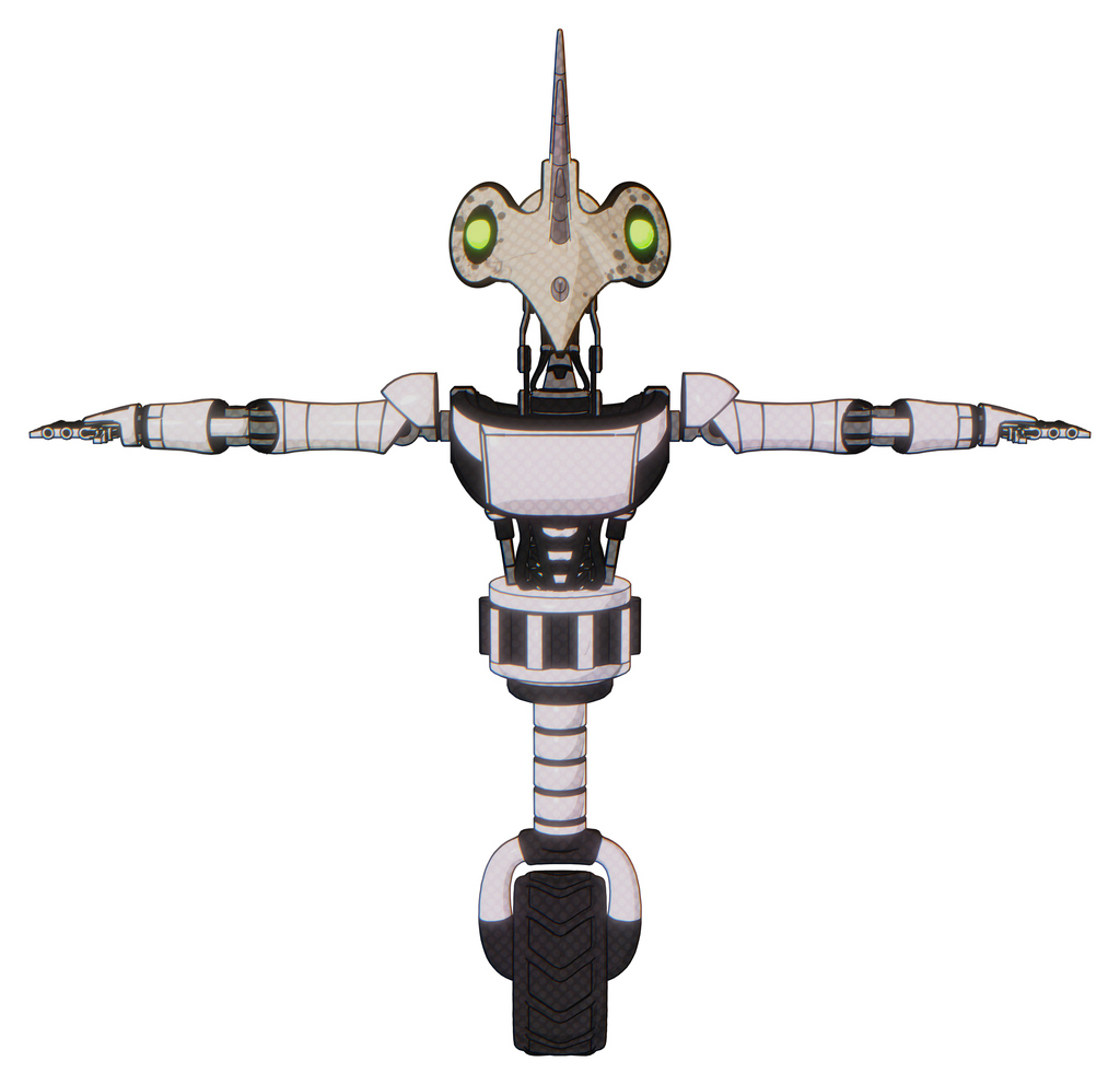 Mech containing bird skull head and green eyes and light chest exoshielding and ultralight chest exosuit and unicycle wheel. White halftone toon. T-pose.