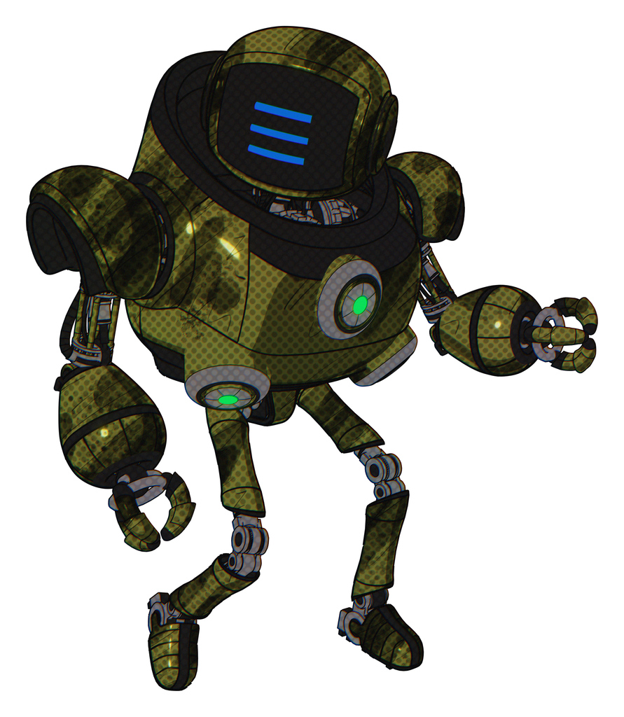 Droid containing digital display head and three horizontal line design and heavy upper chest and chest green energy cores and ultralight foot exosuit. Grunge army green. Fight or defense pose..