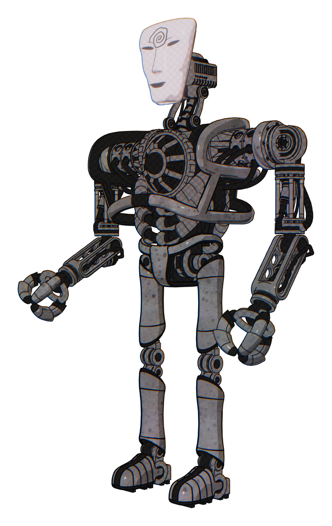 Mech containing humanoid face mask and spiral design and heavy upper chest and no chest plating and ultralight foot exosuit. Unpainted metal. Facing right view.