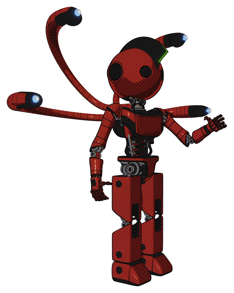 Cyborg containing oval wide head and techno mohawk and light chest exoshielding and ultralight chest exosuit and blue-eye cam cable tentacles and prototype exoplate legs. Cherry tomato red.
