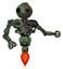 Cyborg containing oval wide head and small red led eyes and green led ornament and heavy upper chest and no chest plating and jet propulsion. Grass green. Interacting.