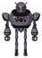 Droid containing grey alien style head and metal grate eyes and bug antennas and heavy upper chest and chest compound eyes and ultralight foot exosuit. Light lavender metal. Front view.