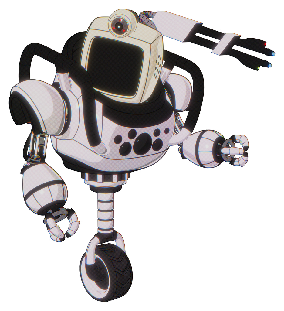 Droid containing old computer monitor and retro-futuristic webcam and heavy upper chest and chest compound eyes and unicycle wheel. White halftone toon. Fight or defense pose..