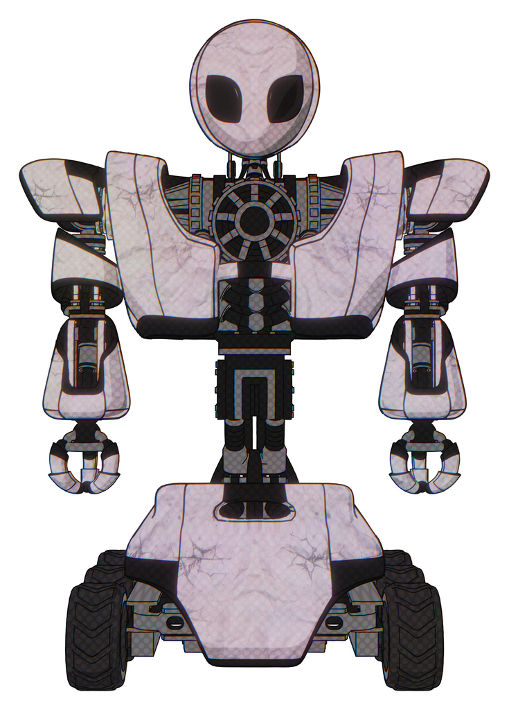 Droid containing grey alien style head and black eyes and heavy upper chest and heavy mech chest and six-wheeler base. Sketch pad light. Front view.