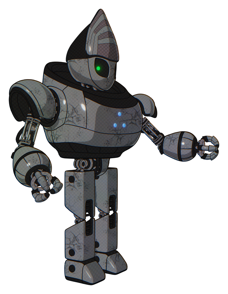 Bot containing grey alien style head and green inset eyes and heavy upper chest and triangle of blue leds and prototype exoplate legs. Patent concrete gray metal. Interacting.