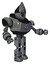 Bot containing grey alien style head and green inset eyes and heavy upper chest and triangle of blue leds and prototype exoplate legs. Patent concrete gray metal. Interacting.