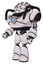 Robot containing metal cubes dome head design and heavy upper chest and chest blue energy core and light leg exoshielding. White halftone toon. Facing right view.