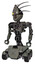 Mech containing grey alien style head and metal grate eyes and eyeball creature crown and heavy upper chest and no chest plating and six-wheeler base. Concrete grey metal.