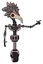 Robot containing bird skull head and red led circle eyes and bird feather design and light chest exoshielding and no chest plating and unicycle wheel. Gray metal. Pointing left or pushing a button..