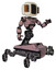 Droid containing old computer monitor and old retro speakers and light chest exoshielding and cable sash and insect walker legs. Grayish pink. Interacting.