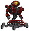 Robot containing oval wide head and sunshine patch eye and heavy upper chest and heavy mech chest and shoulder spikes and insect walker legs. Matted red. Hero pose.