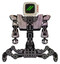 Robot containing old computer monitor and double backslash pixel design and red buttons and heavy upper chest and heavy mech chest and insect walker legs. Gray metal. Front view.