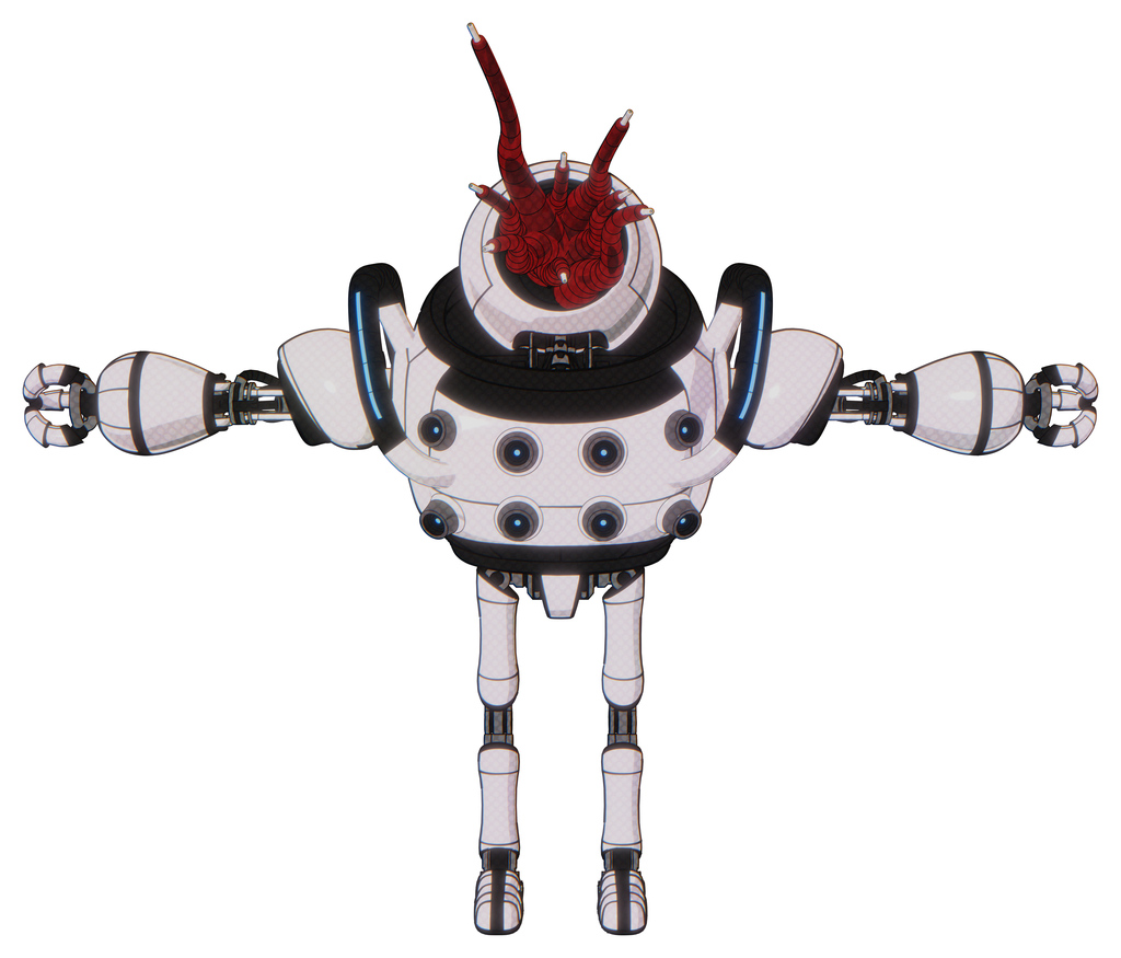 Robot containing jellyfish style head red fiber optic tentacles and heavy upper chest and chest energy sockets and blue strip lights and ultralight foot exosuit. White halftone toon. T-pose.