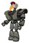 Cyborg containing bird skull head and green eyes and chicken design and heavy upper chest and heavy mech chest and light leg exoshielding. Concrete grey metal. Facing right view.
