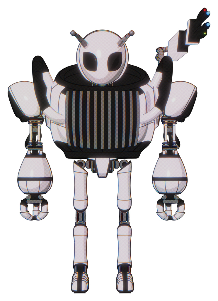 Mech containing grey alien style head and black eyes and bug antennas and heavy upper chest and chest vents and ultralight foot exosuit. White halftone toon. Front view.