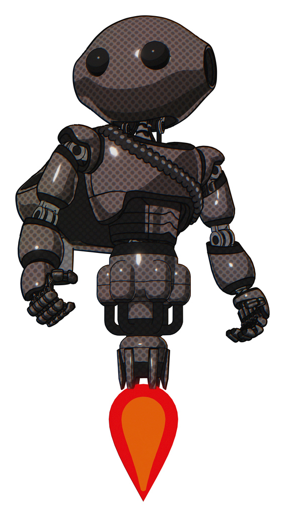 Automaton containing oval wide head and beady black eyes and light chest exoshielding and rubber chain sash and rocket pack and jet propulsion. Light brown. Hero pose.