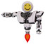 Automaton containing round head yellow happy face and heavy upper chest and heavy mech chest and jet propulsion. White halftone toon. Arm out holding invisible object..