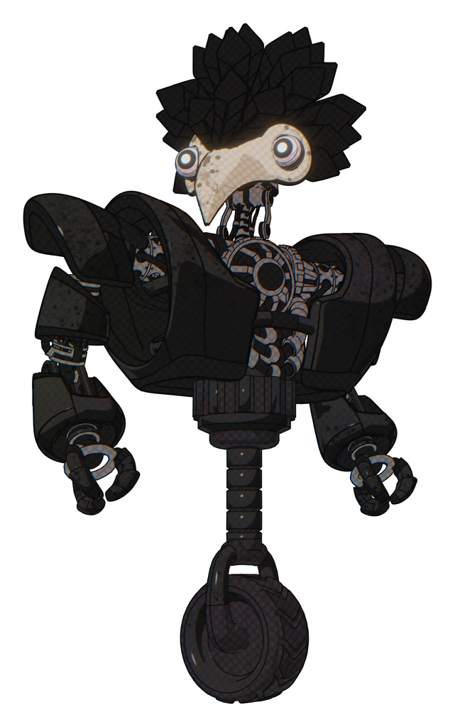 Automaton containing bird skull head and white eyeballs and crow feather design and heavy upper chest and heavy mech chest and unicycle wheel. Dirty black. Hero pose.